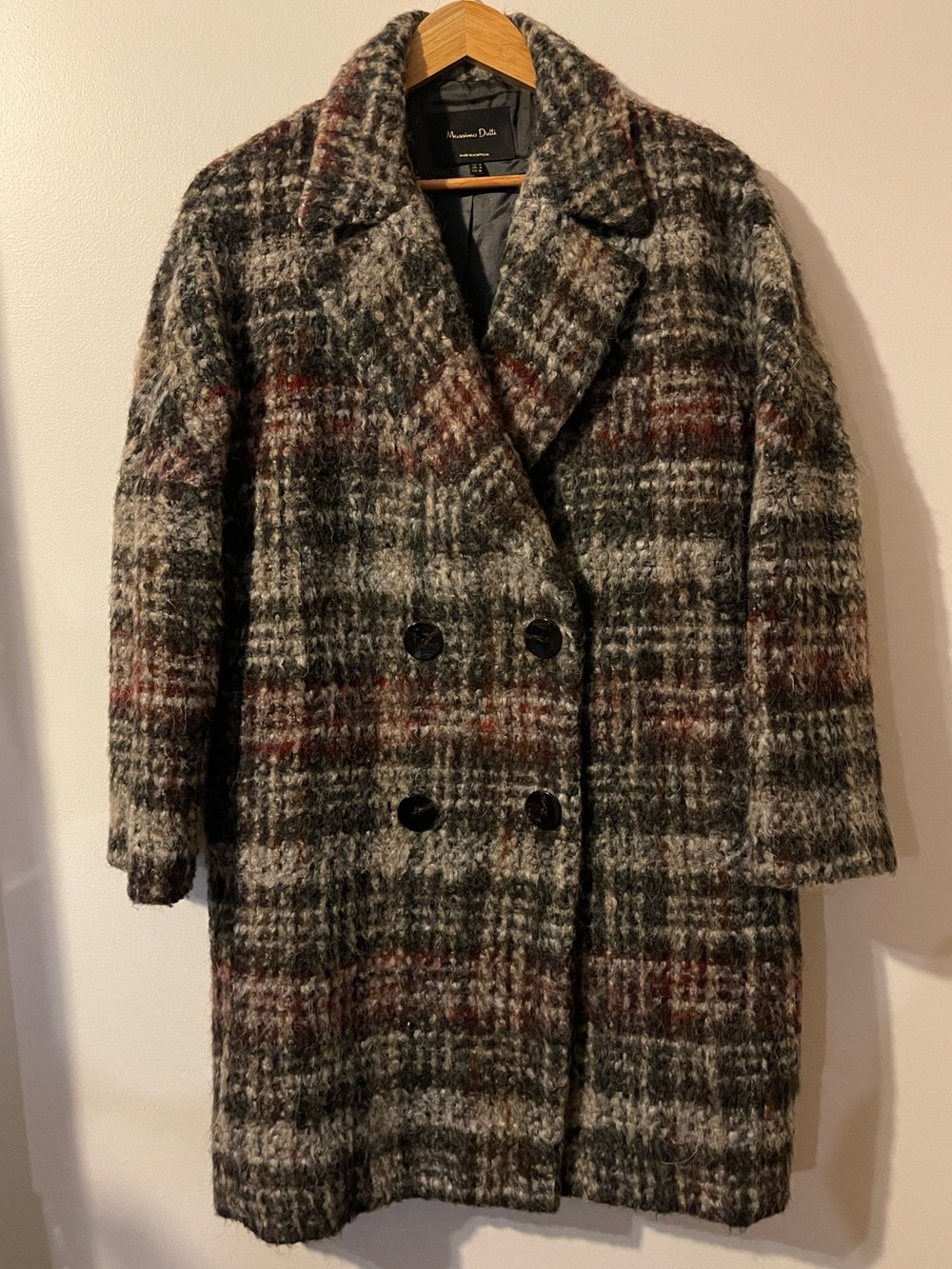 Massimo Dutti Alpaca Wool Blend Plaid Coat Double Breasted Gray Brown Size M